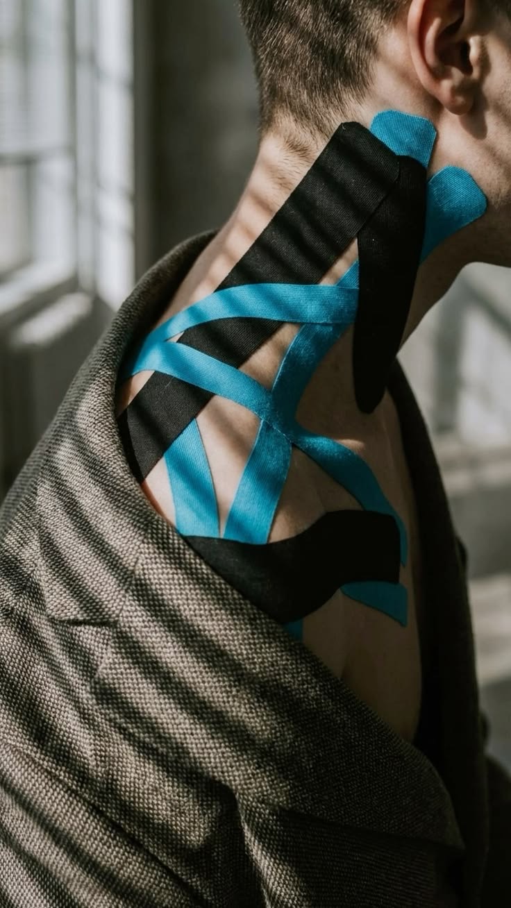 Bein mit blauem Kinesiotape, Detailaufnahme